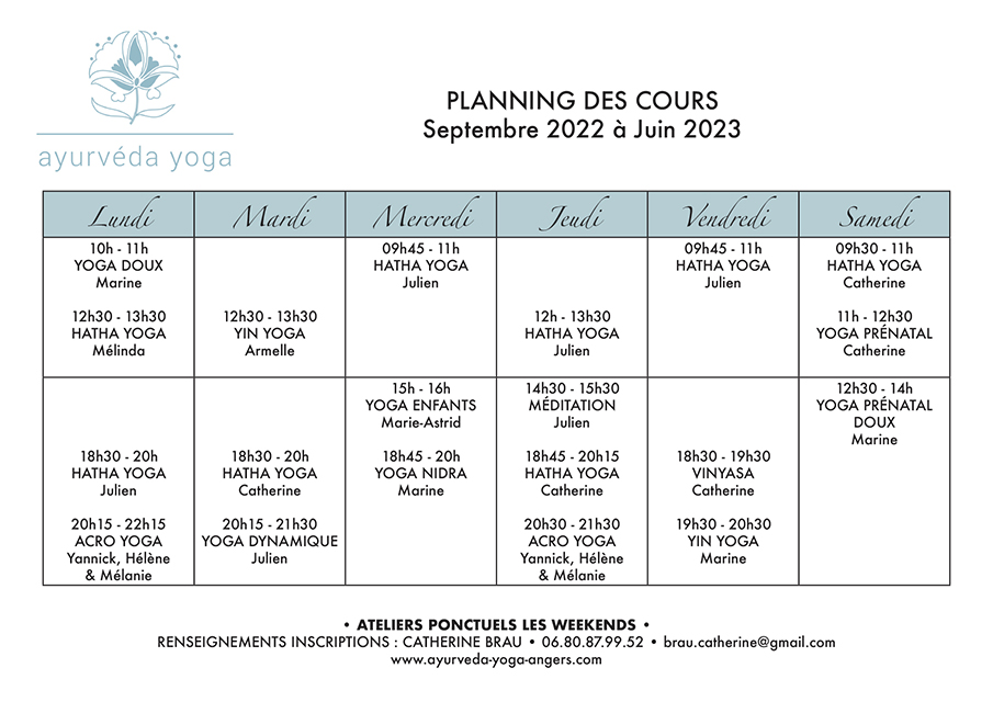 Planning yoga Angers septembre 2022